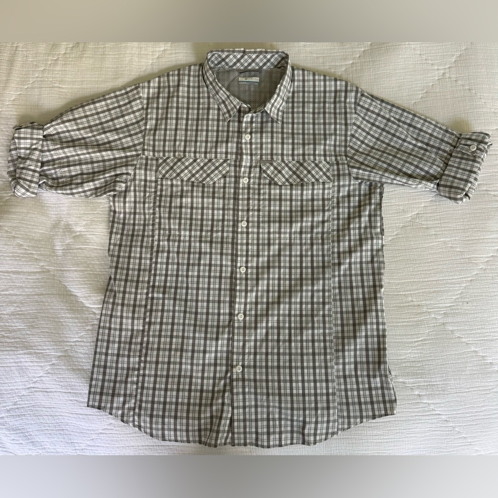 Columbia Omni-Shade Men’s Long Sleeve Plaid Vented Fishing Shirt L Gray White